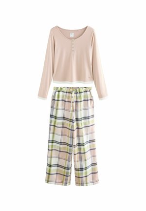 Long-sleeve, light pink henley top with three buttons. Check-patterned, wide-leg pajama pants in pink, green, and navy stripes. Soft fabric.