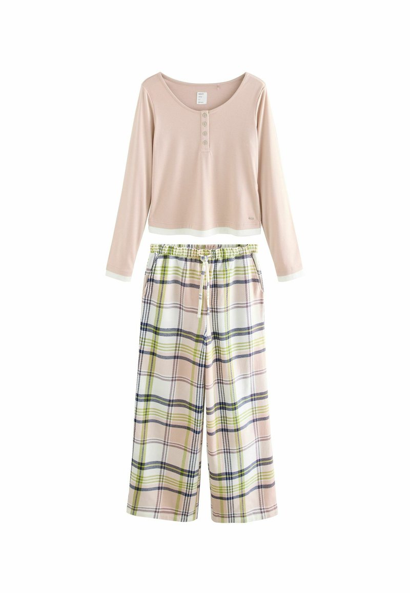 Long-sleeve, light pink henley top with three buttons. Check-patterned, wide-leg pajama pants in pink, green, and navy stripes. Soft fabric.