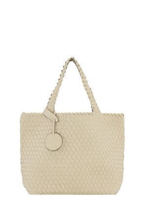 Woven beige leather tote bag featuring two handles and a round tag attachment, showcasing a textured pattern and smooth surface.