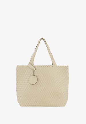 Woven beige leather tote bag featuring two handles and a round tag attachment, showcasing a textured pattern and smooth surface.