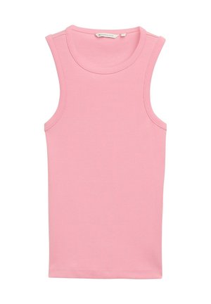 Roze geribde tanktop met een ronde halslijn en zonder mouwen. Gemaakt van rekbare stof, heeft een rechte zoom en subtiele stikdetails.