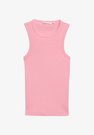 Roze geribde tanktop met een ronde halslijn en zonder mouwen. Gemaakt van rekbare stof, heeft een rechte zoom en subtiele stikdetails.