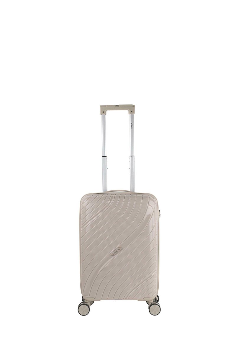 Maleta rígida en beige con un diseño texturizado ondulado, asa retráctil y cuatro ruedas de giro suave para una fácil maniobrabilidad.