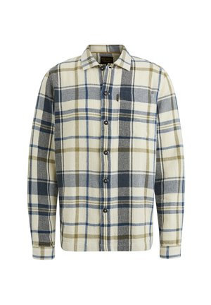 Button-up plaid shirt in cream, blue, and olive green. Made of textured fabric with long sleeves and a chest pocket. Features dark buttons.