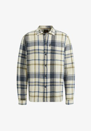 Button-up plaid shirt in cream, blue, and olive green. Made of textured fabric with long sleeves and a chest pocket. Features dark buttons.