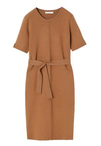 Ruskea neulemekko lyhyillä hihoilla, pyöreällä pääntiellä ja matching vyöllä. Mekossa on suora leikkaus ja minimaalinen ompelu.