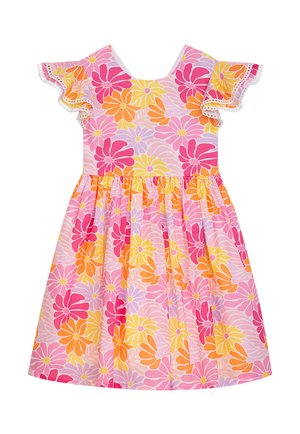 Blumenkleid mit kurzen Volantärmeln in Rosa-, Gelb- und Orangetönen. Verfügt über einen ausgestellten Rock mit geraffter Taille und zartem Spitzenbesatz.