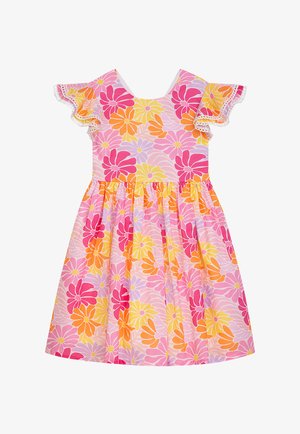 Blumenkleid mit kurzen Volantärmeln in Rosa-, Gelb- und Orangetönen. Verfügt über einen ausgestellten Rock mit geraffter Taille und zartem Spitzenbesatz.