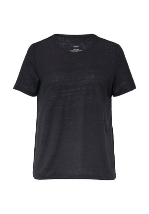 T-shirt nera a maniche corte realizzata in 100% lino. Presenta un collo rotondo e una vestibilità rilassata con una leggera trasparenza.