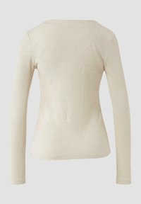 Langärmeliges, geripptes Oberteil aus weichem beigem Stoff. Verfügt über einen tiefen Rundhalsausschnitt und eine figurbetonte Silhouette. Glatte Textur mit feinen Streifen.