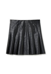 Gonna nera plissettata in pelle sintetica testurizzata, con cuciture verticali e finitura liscia, progettata per aderire in vita.