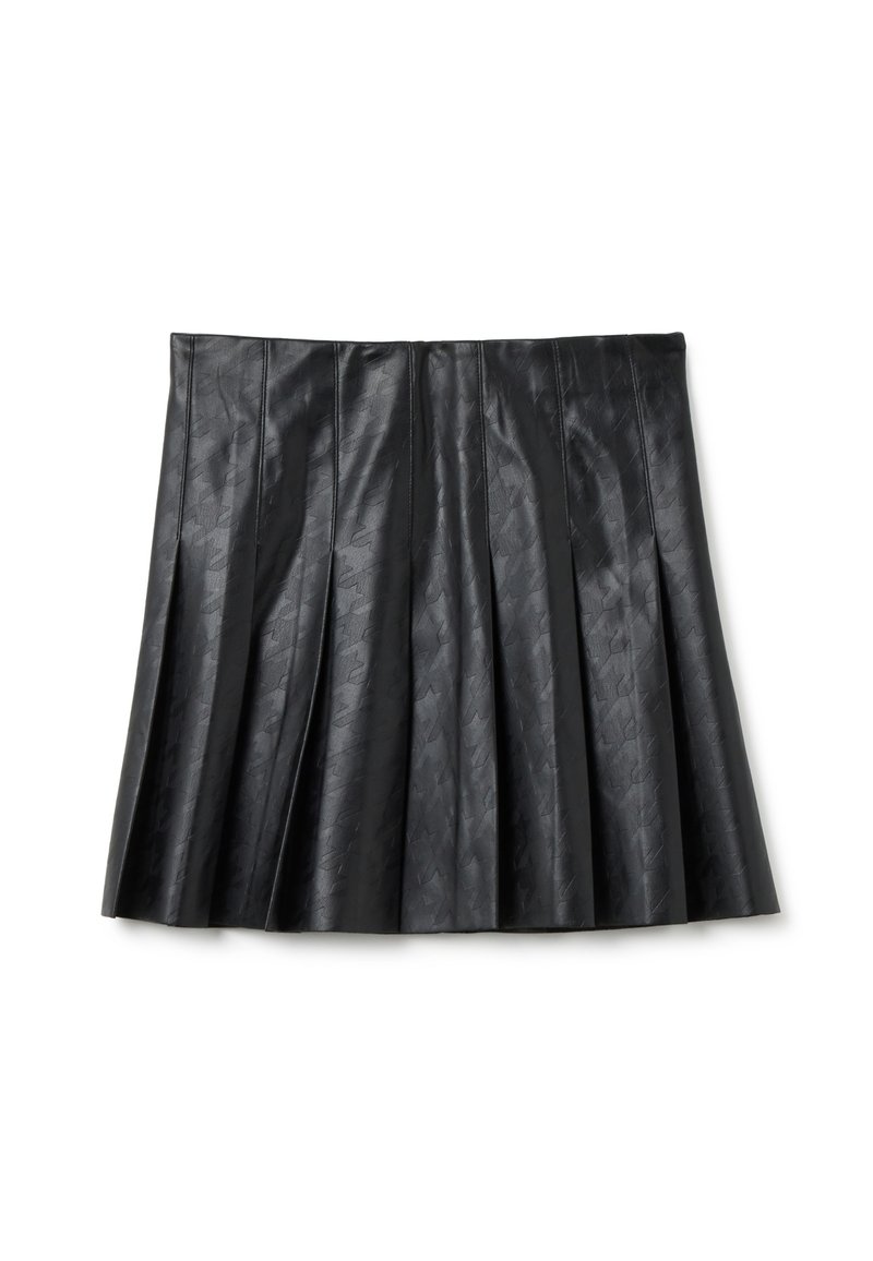 Gonna nera plissettata in pelle sintetica testurizzata, con cuciture verticali e finitura liscia, progettata per aderire in vita.
