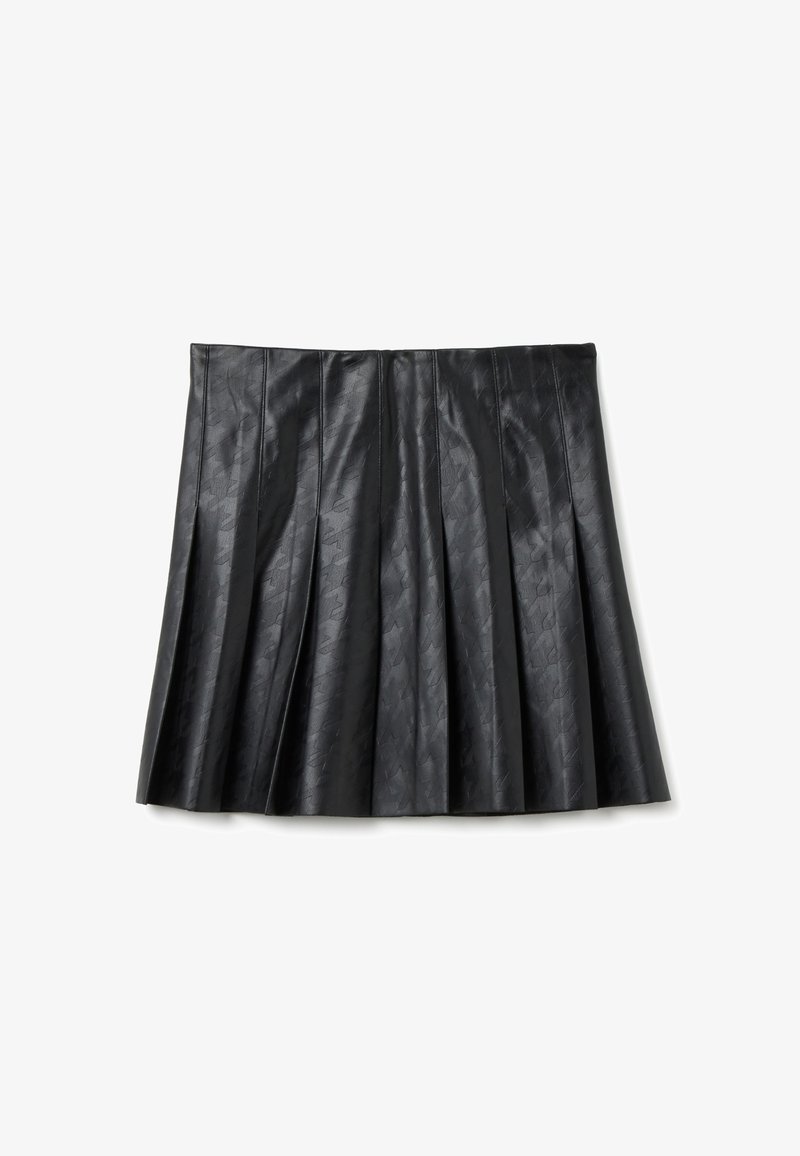 Gonna nera plissettata in pelle sintetica testurizzata, con cuciture verticali e finitura liscia, progettata per aderire in vita.