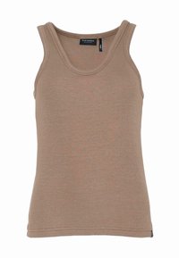 Brown ribbed tank top with a round neckline and wide shoulder straps. Features a subtle texture and a stitched hem.