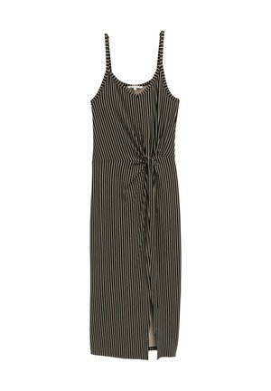 Csíkos ruha vékony pántokkal, V-nyakkivágással, csomózott derék részlettel és közepes hosszúságú fazonnal fekete és krém színekben.