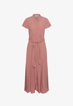Robe midi rose clair à manches courtes, boutonnée à l'avant, avec petit imprimé floral et ceinture à nouer assortie à la taille, col à revers.