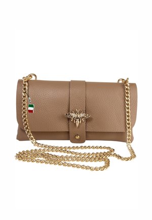 Beige leather handbag with a gold chain strap, featuring a bee-shaped clasp and a small Italian flag tag. Smooth texture with a fold-over design.