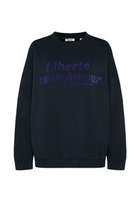 Marineblaues Sweatshirt mit klassischem Rundhalsausschnitt, mit lila Schriftzug "Liberté mon Amour" auf der Vorderseite. Weiches Material, gerippte Bündchen.