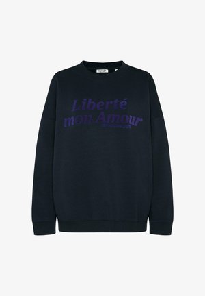 Navy blue sweatshirt with a classic crew neck, featuring purple lettering "Liberté mon Amour" across the front. Soft material, ribbed cuffs.