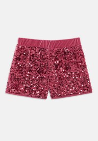 Calções rosa de lantejoulas com um largo cós elástico, totalmente cobertos de lantejoulas brilhantes para uma aparência texturizada e cintilante.