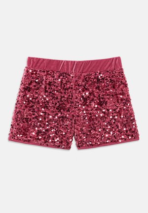 Calções rosa de lantejoulas com um largo cós elástico, totalmente cobertos de lantejoulas brilhantes para uma aparência texturizada e cintilante.