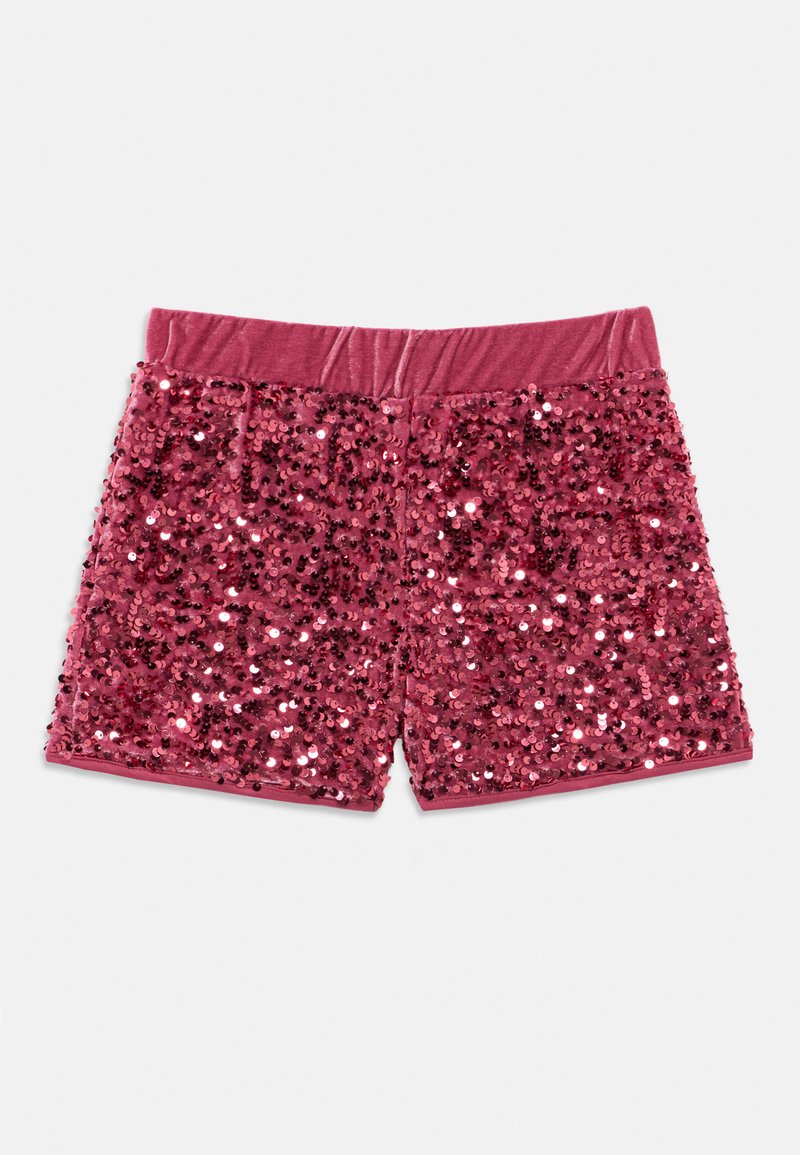 Calções rosa de lantejoulas com um largo cós elástico, totalmente cobertos de lantejoulas brilhantes para uma aparência texturizada e cintilante.