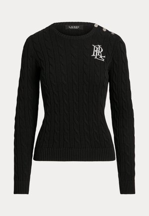 Μαύρος πλεχτός πουλόβερ με ριχτές άκρες; διαθέτει στρογγυλή λαιμόκοψη και διακοσμητικές λεπτομέρειες από κουμπιά στους ώμους, με ετικέτα λογότυπου.