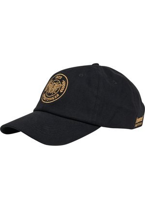 Black cotton baseball cap with a curved brim, features a gold embroidered bee logo and text on the front, textured fabric, adjustable strap.