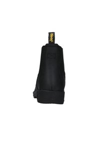 Stivale alla caviglia impermeabile nero con suola testurizzata, tacco rinforzato e una linguetta gialla etichettata "Jeep" sul retro.