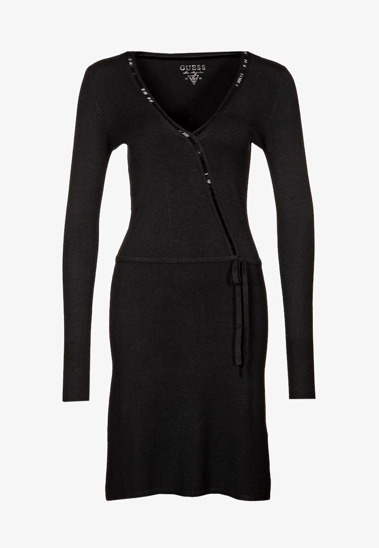 Robe portefeuille noire à manches longues avec col en V, lien latéral à la taille et détails subtils de rayures verticales le long de l'encolure et du bord avant.