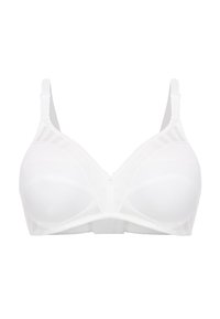 Bralette bianco con un design liscio e sagomato. Caratterizzato da spalline regolabili e una parte frontale senza cuciture, con micro-patrone e dettagli hardware discreti.