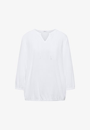 Biała bluzka z długim rękawem, dekoltem w serek i wiązaniem na sznurek, elastyczne mankiety i dół, luźny krój, gładki wzór.