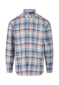Koszula z długim rękawem, zapinana na guziki, w wielokolorową kratkę w odcieniach niebieskiego, czerwonego, zielonego i białego. Wykonana z miękkiego materiału, z klasycznym kołnierzykiem i kieszonką z przodu.