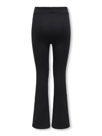 Black high-waist, flared-leg pants shown from the back, made of a smooth, stretchy fabric with a fitted waistband.