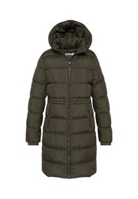 Olivengrøn puffjakke med lynlås foran, hætte og sidelommer. Har quiltet tekstur og ribkanter, designet til varme og komfort.