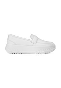 White slip-on shoes made of leather, featuring a smooth texture, padded collar, and a thick, textured rubber sole with a zigzag pattern.