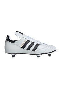 White soccer cleat with black stripes and gold "WORLD CUP" text. Made of smooth leather, features a padded tongue and molded studs for traction.