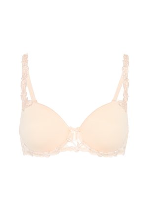 Beige padded bra with lace detailing on straps and edges, featuring a small center bow.