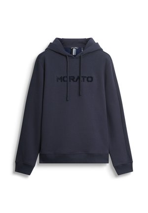 Marineblauwe hoodie met een trekkoordcapuchon, geribbelde manchetten en zoom. Voorzien van een textuur "MORATO" logo op de voorkant. Gemaakt van zachte stof.
