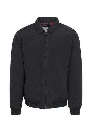 Schwarze Bomberjacke, mit einer frontalen Reißverschlussöffnung, gerippten Bündchen und Saum sowie einem Kragen. Glattes Material mit einem subtilen Glanz.