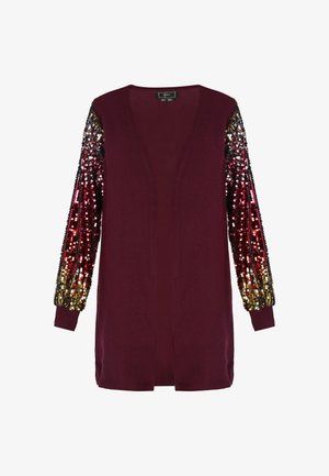 Burgundowy kardigan z otwartym przodem; długie rękawy ozdobione gradientowymi cekinami w kolorach czerwonym, złotym i czarnym; ribbowe mankiety i dół.