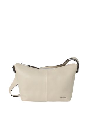 Cream-colored leather shoulder bag with adjustable strap and silver zipper, featuring subtle brand logo on front bottom right.