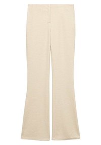 Pantalon évasé beige en tissu texturé, doté d'une ceinture lisse et d'un minimum de coutures visibles. Coupe ajustée avec un design de jambe évasée.