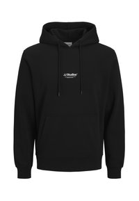 Zwarte hoodie gemaakt van een katoenmix, met een voorzak, koord in de capuchon en een witte bedrukte logo op de borst.