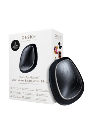 GESKE Sonic Warm & Cool Mask-enhed vist ved siden af dens hvide emballage, der fremhæver 9-i-1 ansigtsplejeteknologier og 2 minutters brug.