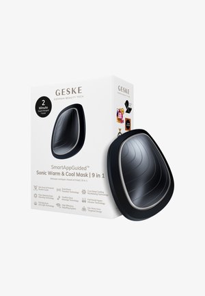 Appareil GESKE Sonic Warm & Cool Mask présenté à côté de son emballage blanc mettant en avant 9 technologies de soins du visage en 1 et une utilisation de 2 minutes.