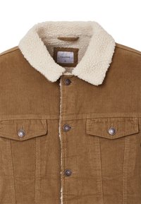 Braune Cordjacke mit einem krämfarbigen, fiktiven Schaffellkragen, mit Druckknopfverschlüssen und zwei Brusttaschen. Das Etikett trägt den Aufdruck "CALLIOPE", Größe L.