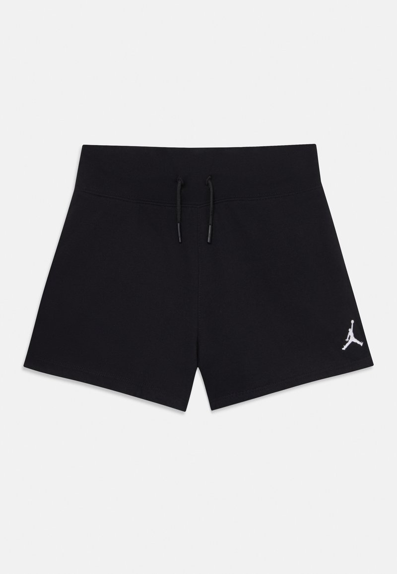 Shorts de sport noirs avec taille à cordon de serrage, fabriqués en tissu doux, présentant un logo Jumpman blanc sur le côté gauche.