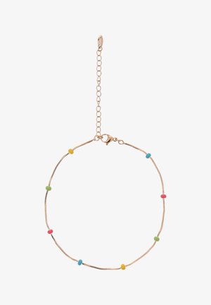 Zarter Goldkettengliederarmband mit kleinen runden Perlen in Gelb, Grün, Blau und Rosa, ausgestattet mit einem verstellbaren Verschluss.