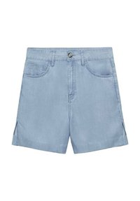 Vaaleansiniset farkkushortsit, joissa on nappikiinnitys, neljä taskua ja sivuhalkiot helmassa. Sileä pinta ja rento muotoilu.